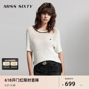 Miss Sixty2024夏季新款针织套头衫女圆领短袖撞色宽松休闲风百搭