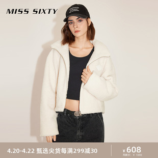 Miss Sixty时尚外套女环保皮草女撞色字母仿羊羔毛短外套