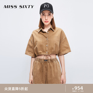 Miss Sixty短袖衬衫女卡其色五分袖短款抽绳收腰复古工装休闲上衣