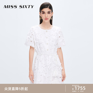 Miss Sixty麻棉牛仔白色连衣裙女重工镂空绣花流苏系带显瘦A字裙