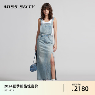 Miss Sixty2024夏季新款背带牛仔连衣裙减龄少女感复古工装开衩