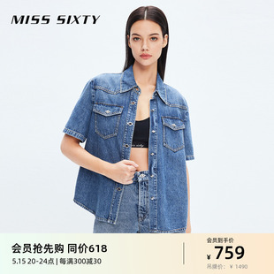 Miss Sixty牛仔短袖衬衫女翻领复古蓝设计感薄款休闲通勤上衣衬衣