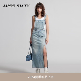 Miss Sixty2024夏季新款背带牛仔连衣裙减龄少女感复古工装开衩