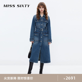 Miss Sixty2023冬季新款牛仔大衣女复古配腰带中长款开衩气质外套