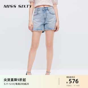 Miss Sixty夏季牛仔短裤女重工钉珠印花贝壳高腰显瘦休闲直筒裤