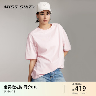 Miss Sixty2024夏季新款短袖T恤女圆领落肩袖字母简约宽松中长款