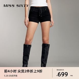 Miss Sixty2024夏季新款牛仔短裤女四面弹小黑裤系带拉链显瘦修身