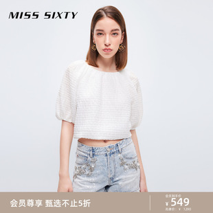 Miss Sixty短袖衬衫女圆领甜美泡泡袖五分袖复古法式气质短款上衣