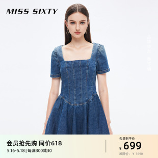 Miss Sixty夏季法式连衣裙女方领鱼骨裙短裙显瘦性感小个子牛仔裙