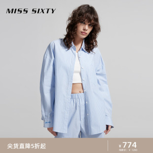 预Miss Sixty2024夏季新款衬衫女运动休闲风减龄百搭蓝白条纹长袖