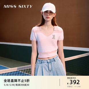 【爆款补单】Miss Sixty针织衫女v领条纹卡通绣花修身显瘦上衣