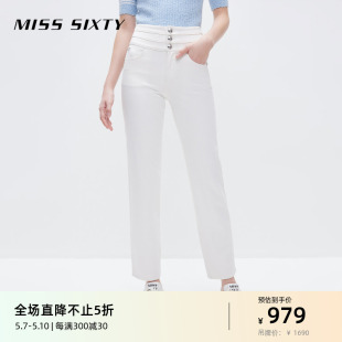 Miss Sixty2024春季新款牛仔裤女三环高腰白色显瘦直筒裤显瘦百搭