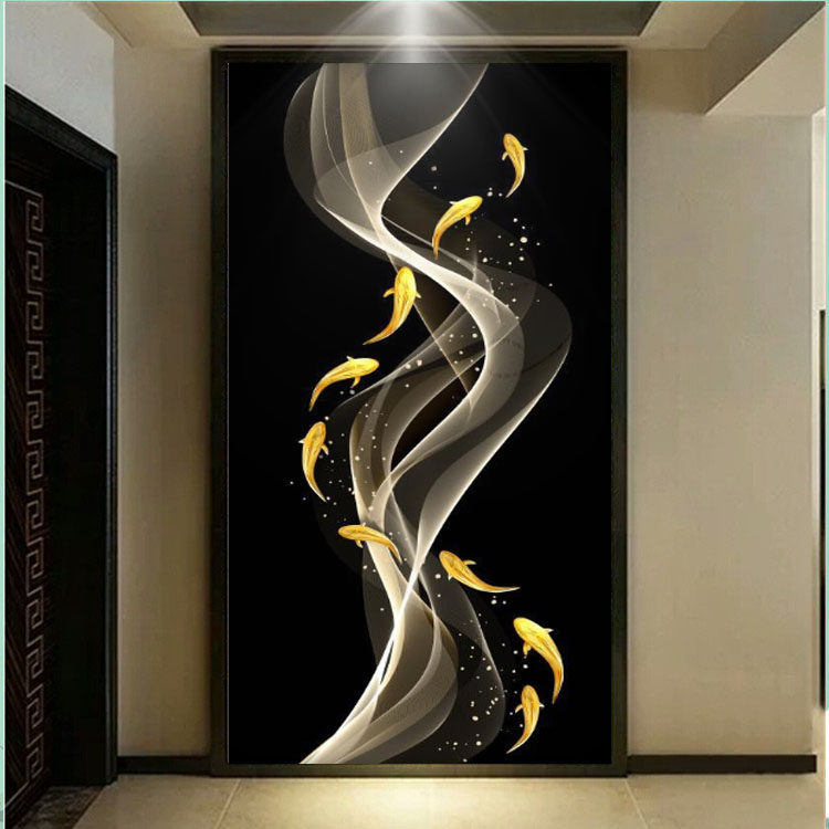 新品北欧轻奢玄关墙纸进门墙九鱼图招财风水壁画大气壁