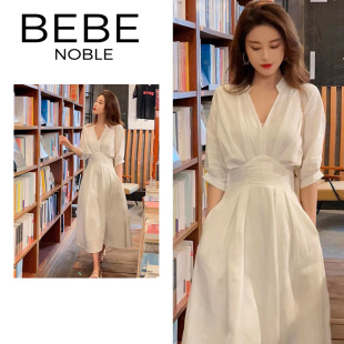 BEBE NOBLE法式白色收腰气质连衣裙女夏季V领茶歇长款高级感仙女