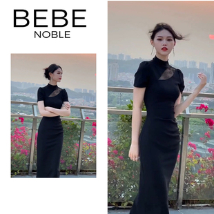 BEBE NOBLE新中式国风改良版旗袍少女赫本风高端气质黑色连衣裙夏