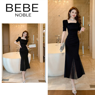 BEBE NOBLE法式赫本风性感鱼尾连衣裙女修身气质女神范方领小黑裙