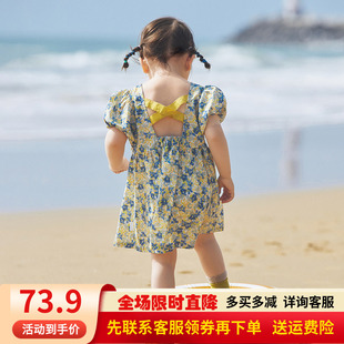 啊咪啦女童露背连衣裙洋气泡泡袖2024夏季新款宝宝纯棉碎花公主裙