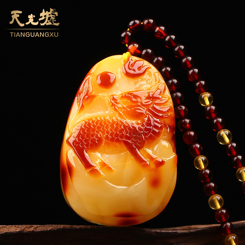 天光墟天然琥珀蜜蜡麒麟吊坠黄蜜琥珀挂件男女款设计款带证书送礼