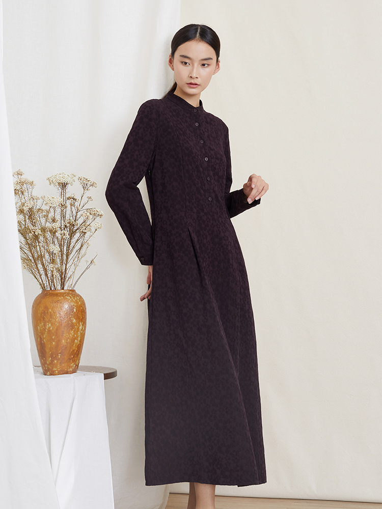 qtu原创设计女装棉麻提花长袖连衣裙秋收腰显瘦立领复古长裙l2970