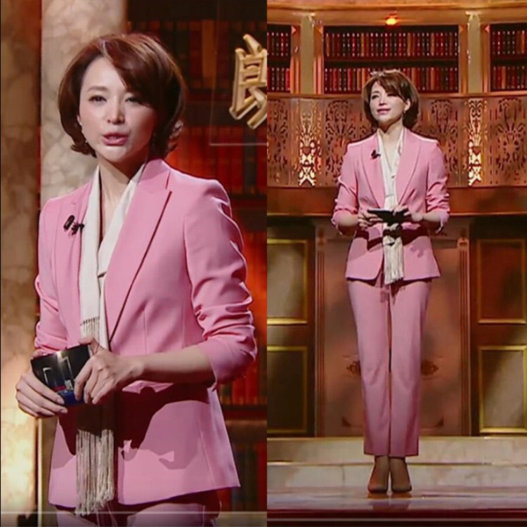 高端粉色职业西装套装朗读演讲比赛服装时尚年会主持人正装礼服女