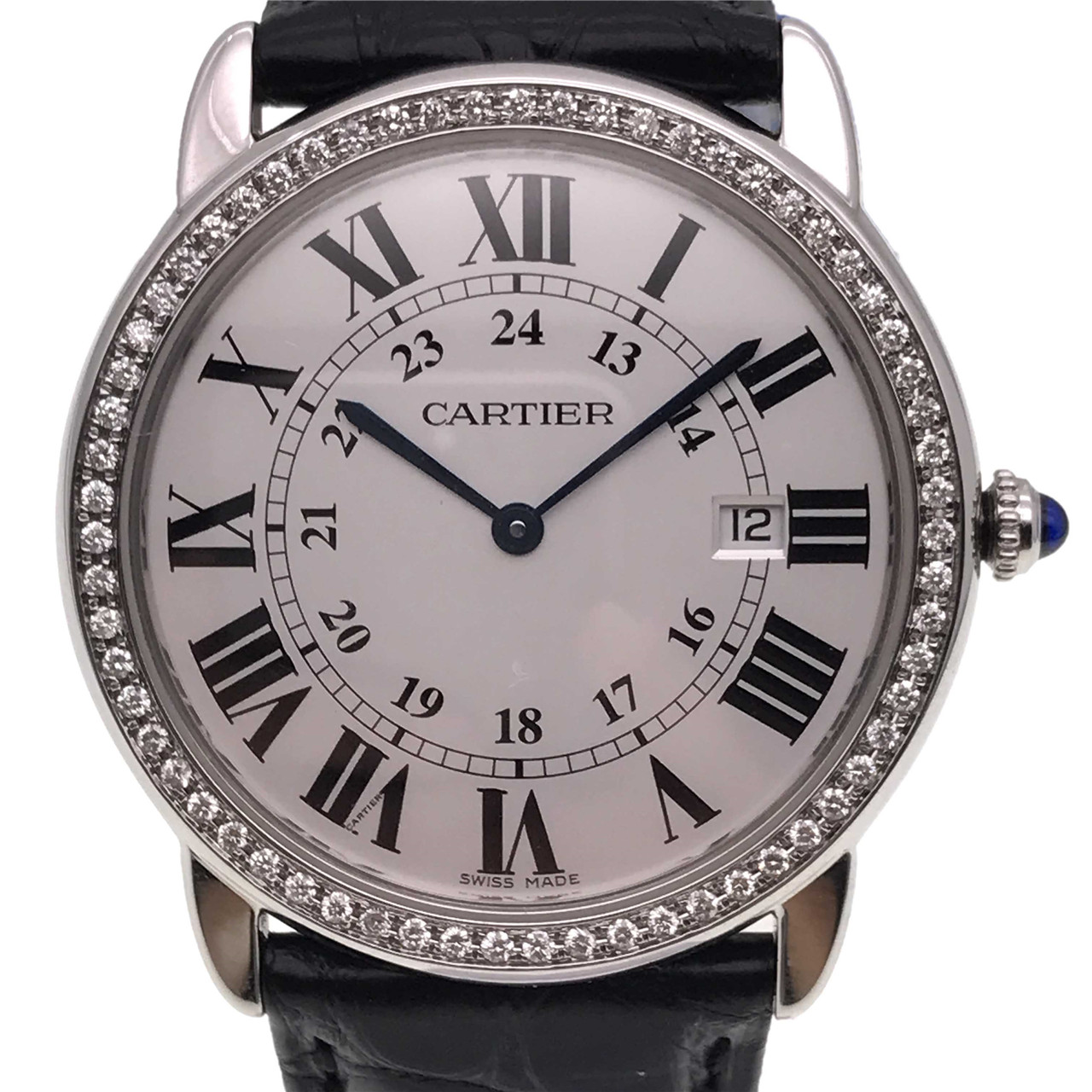 [9.5新] 卡地亚ronde de cartier系列精钢镶钻皮带石英男表