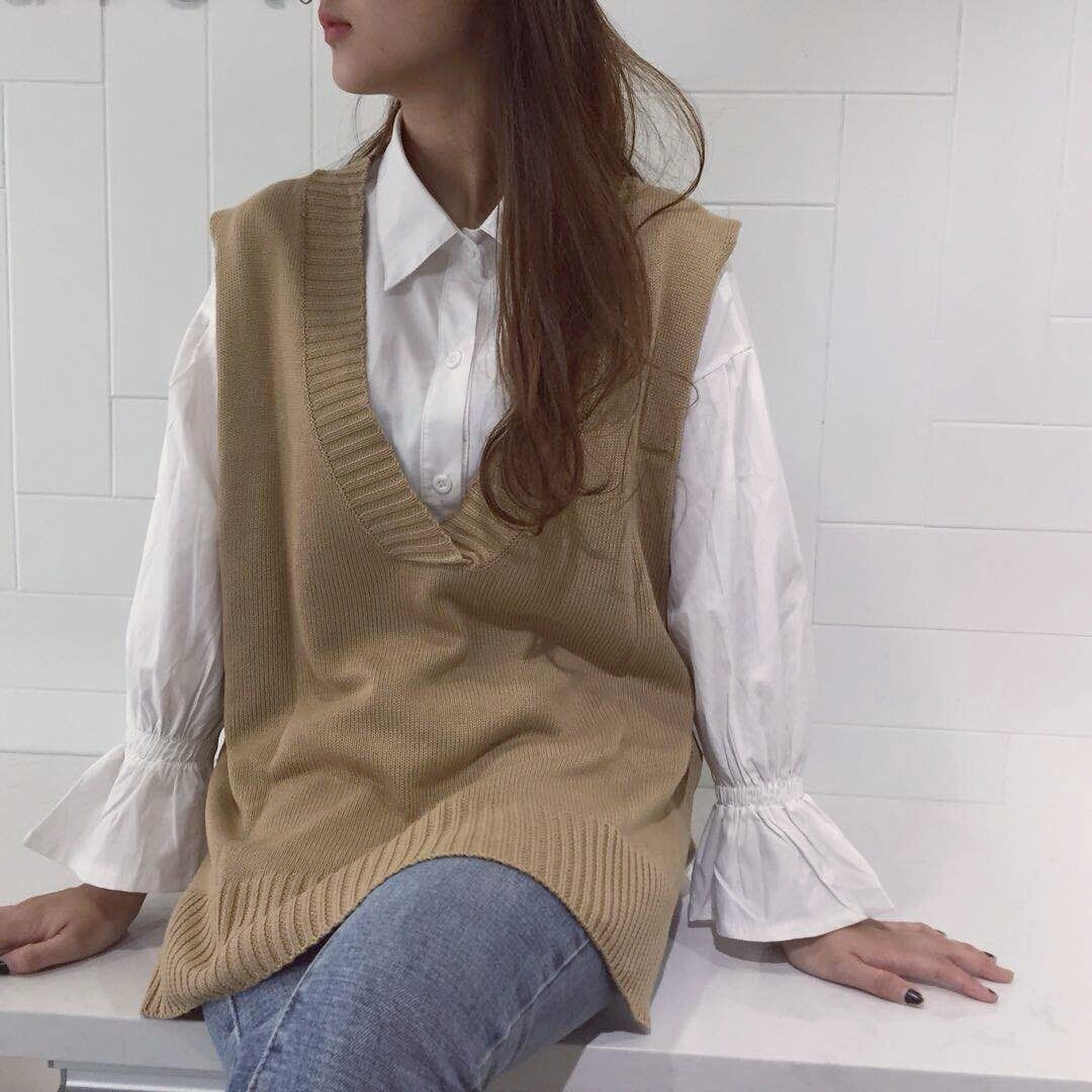 秋冬chic新款韩版针织马甲背心女坎肩衫中长款宽松v领无袖毛衣潮