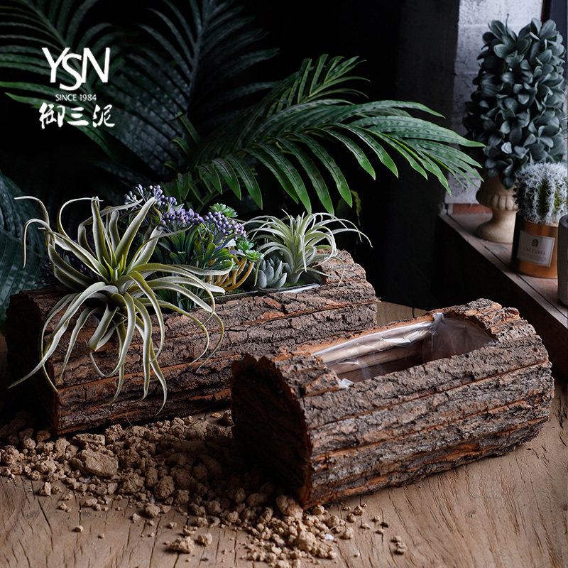 树桩花园槽盆木质创意花盆复古实木多肉摆放窗台阳台装饰花瓶水培