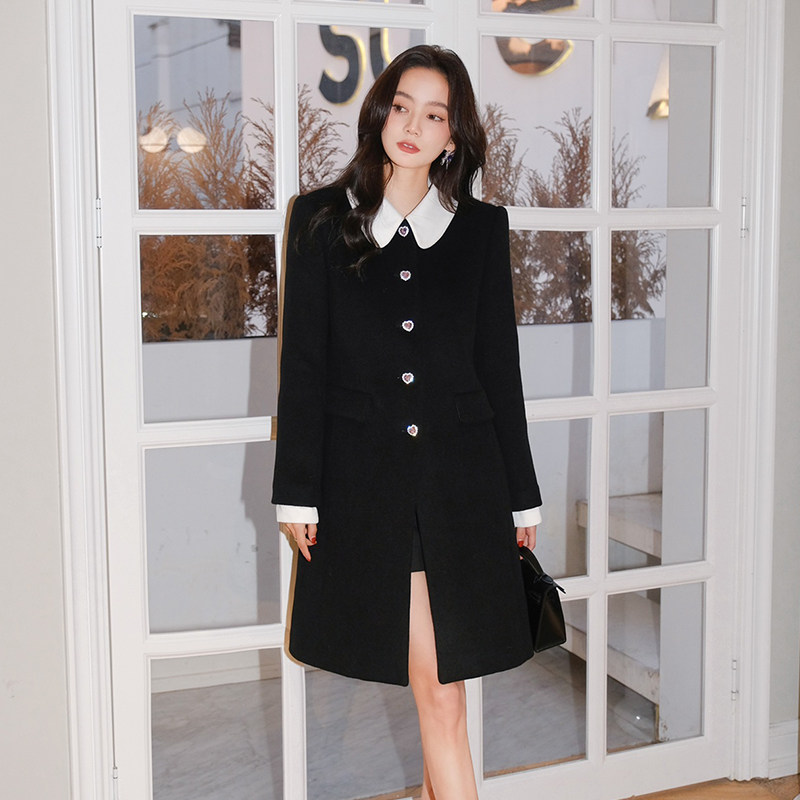 masionwester官方授权优雅气质黑呢子拼白缎面单排扣羊毛大衣女