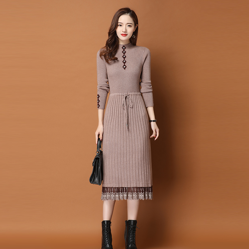 特价长款高领毛衣裙过膝_连衣裙女2020秋冬新款配大衣长款针织加绒