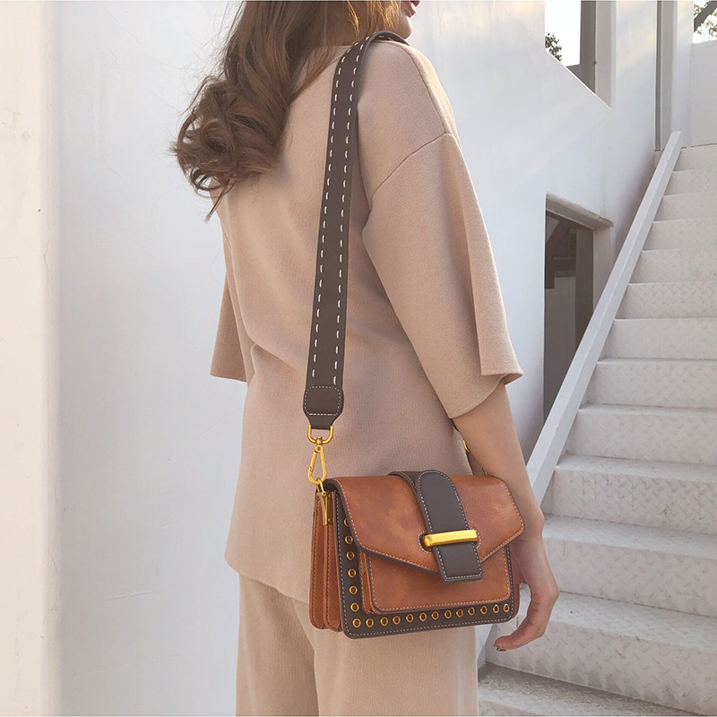 包包女包新款2021网红复古多层撞色小方包女时尚百搭宽肩带斜挎包