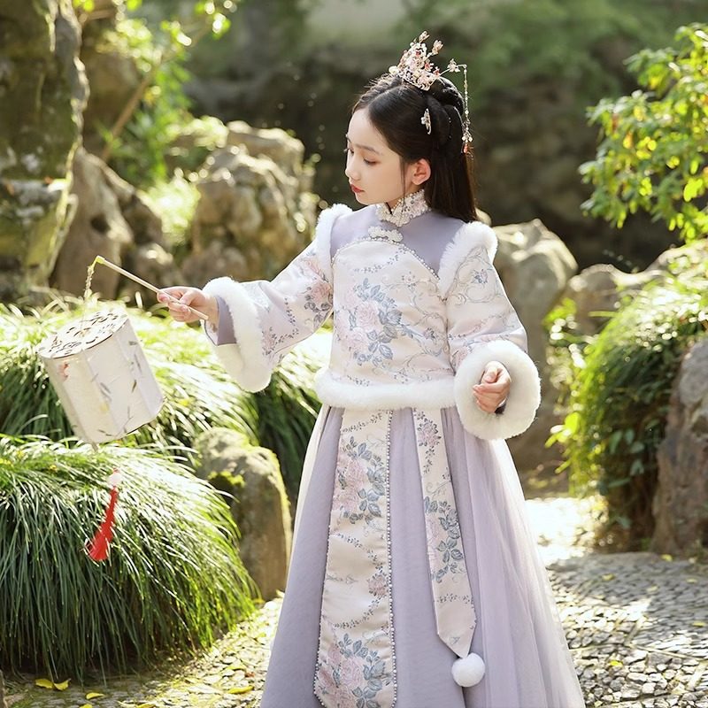 女童汉服冬季拜年服女宝中国风古装超仙襦裙兔年儿童唐装加厚套装