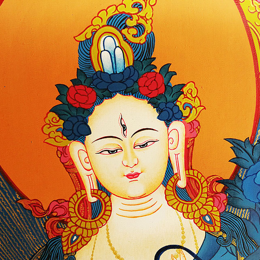 彩绘描金白度母多尊蓝唐唐卡 尼泊尔画师kunsang lama作品 5083