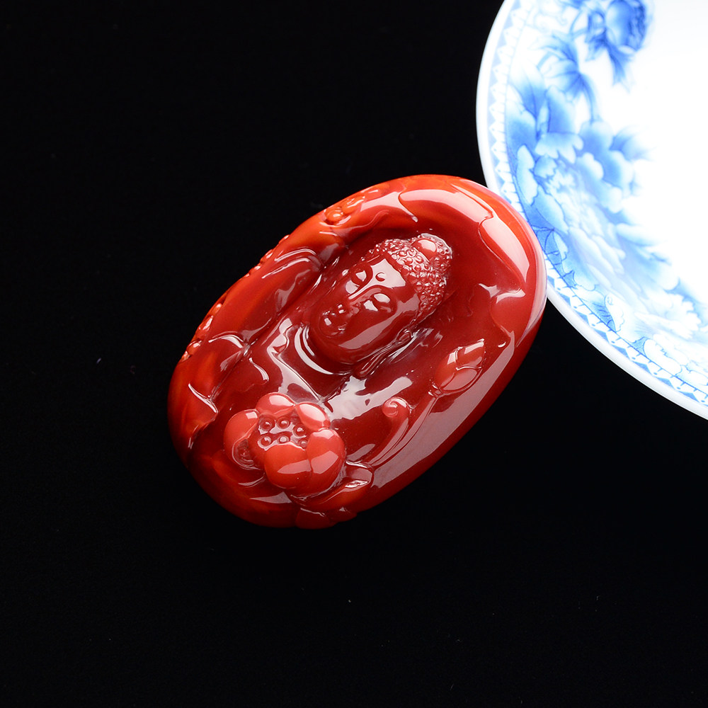 玉雕名家肖军作品 玫瑰红/柿子红南红挂件 石窟印象51.6g