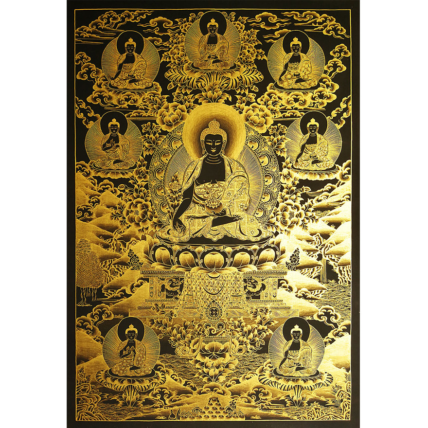 混合金药师七佛多尊黑金唐卡 尼泊尔画师gyamcho lama作品 5074