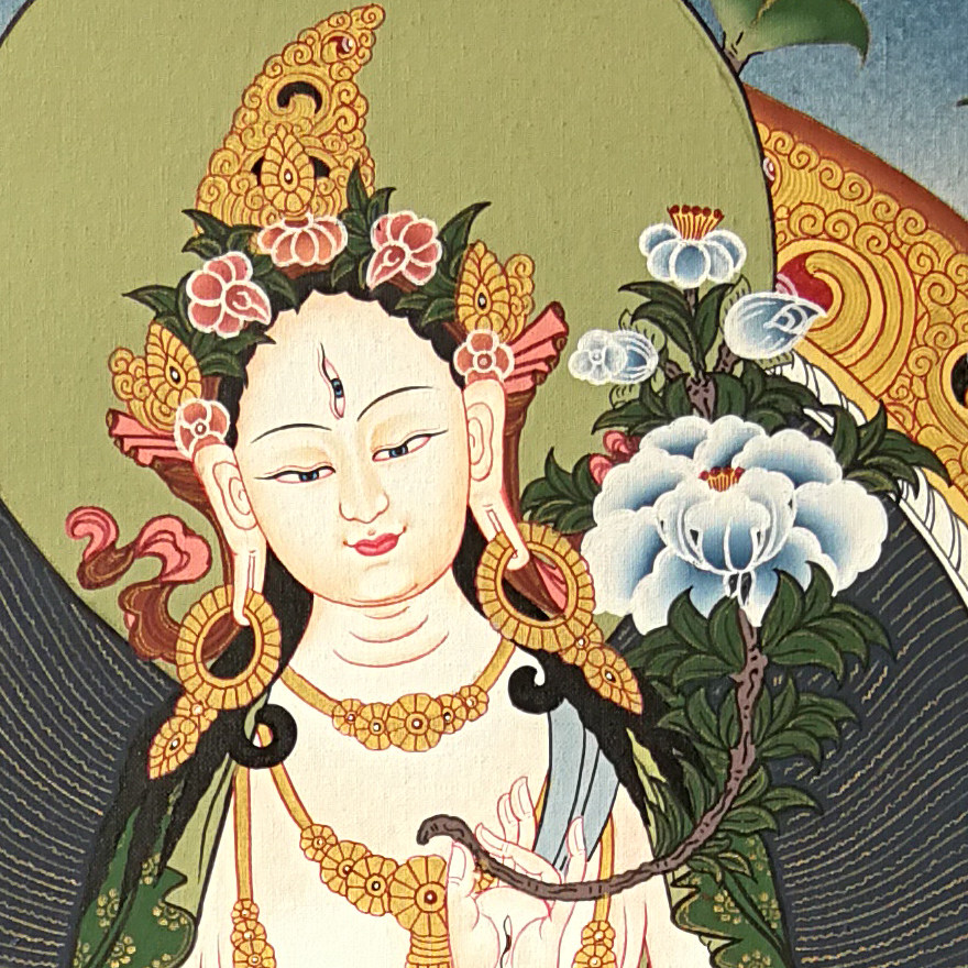 尼泊尔唐卡画师dhubshang lama作品彩绘描金白度母长寿三尊 5015