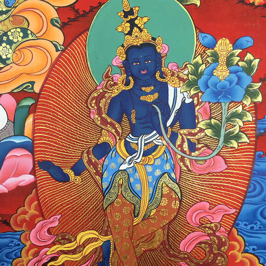 尼泊尔唐卡画师dhana lama彩绘描金四臂观音立相多尊唐卡5003