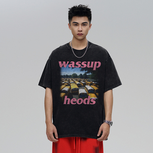 WASSUP美式重磅复古潮牌短袖男装夏季宽松百搭街头情侣t恤衫上衣