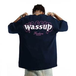 WASSUP潮牌美式字母宽松短袖t恤男女情侣夏季2024新款黑色上衣服