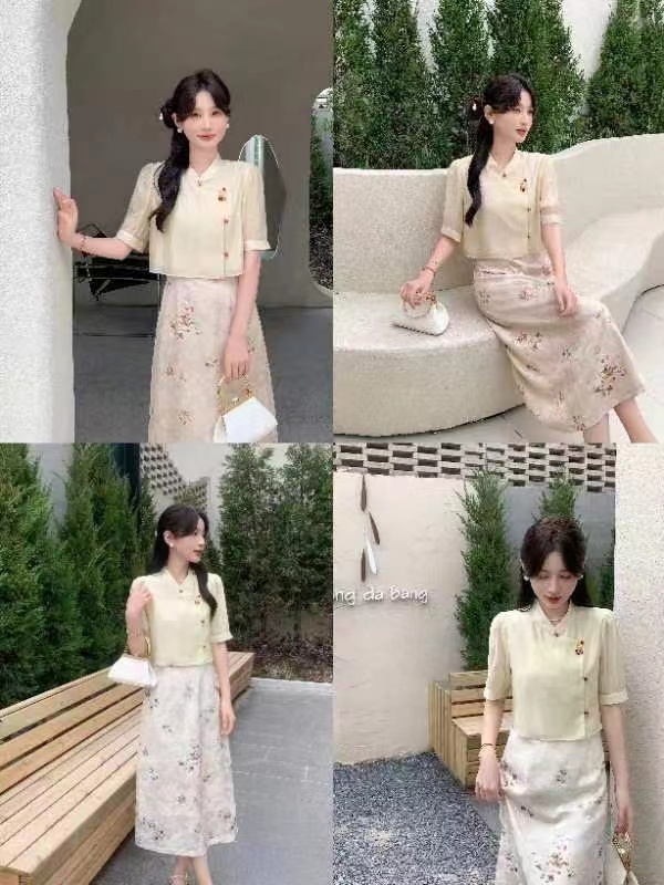 不退换（清）中式国风时尚盐系轻熟罩衫连衣裙两件套装女52SPH