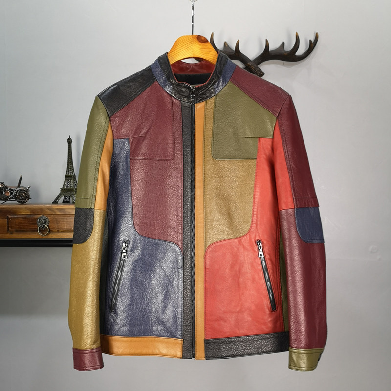 海宁2021秋冬新款真皮皮衣男绵羊皮皮夹克外套立领撞色彩色皮衣时