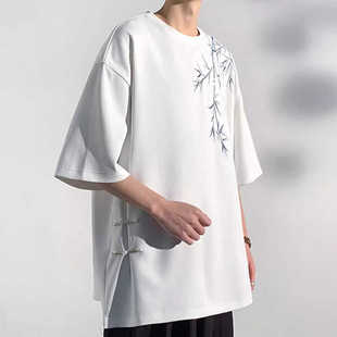 新中式竹子刺绣T恤短袖男夏季潮流圆领国风大码宽松凉感冰丝上衣