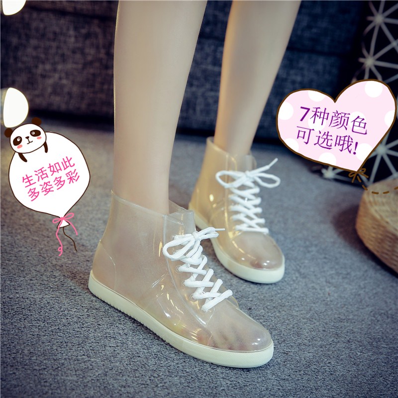 韩式春夏时尚中筒雨靴少女防滑胶鞋系带透明水晶雨鞋马丁防水女鞋