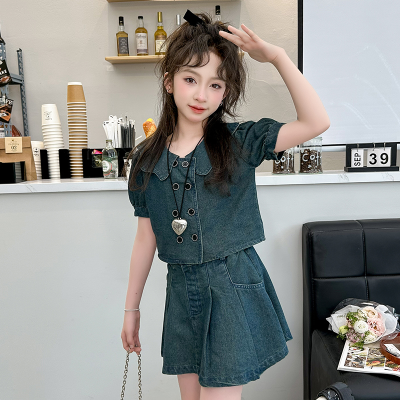 女童夏季牛仔半身裙套装儿童韩版洋气短袖上衣大童时髦短裙两件套