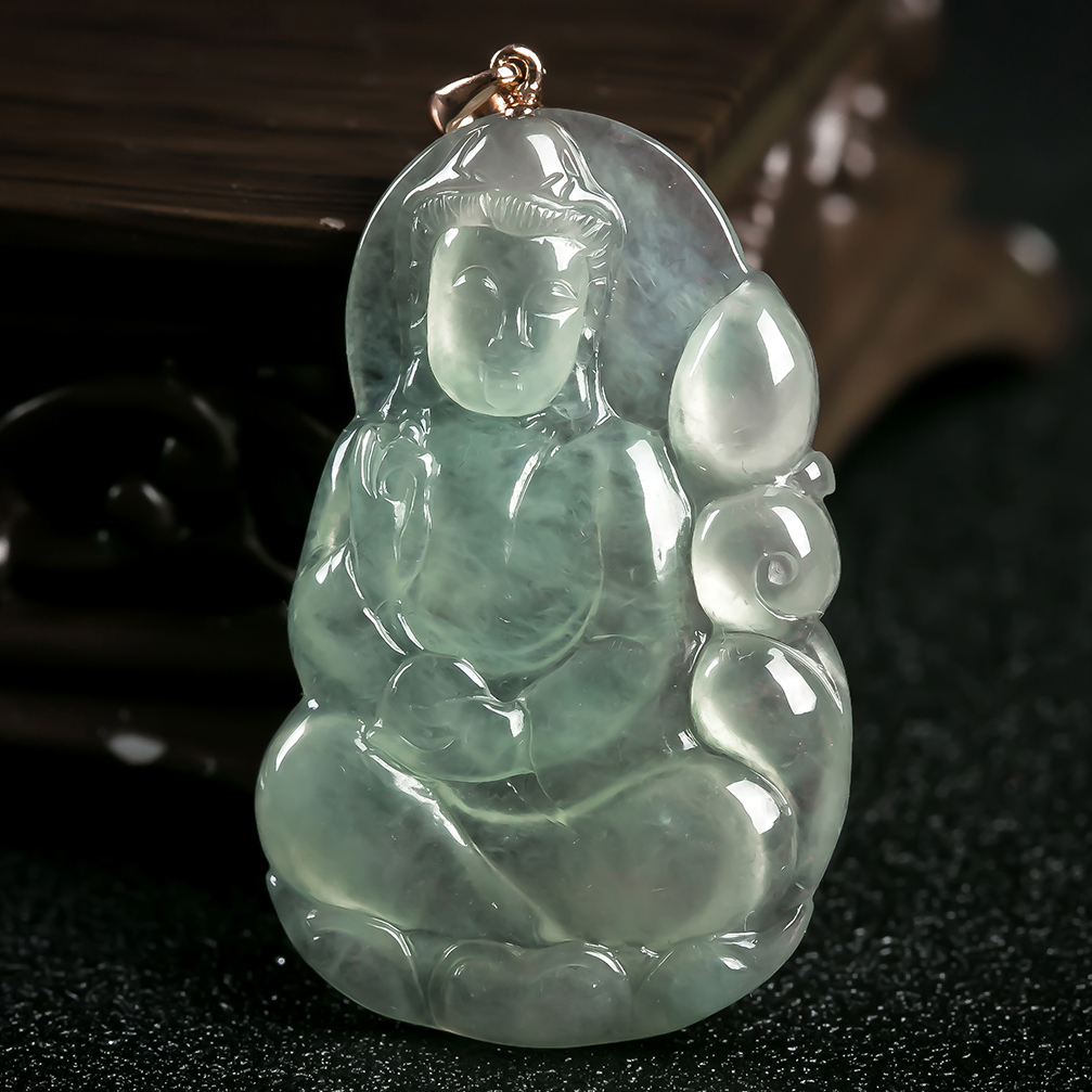 天然翡翠18k金扣镶嵌冰糯种观音吊坠 9.25g