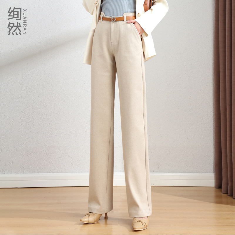 杏色毛呢阔腿裤