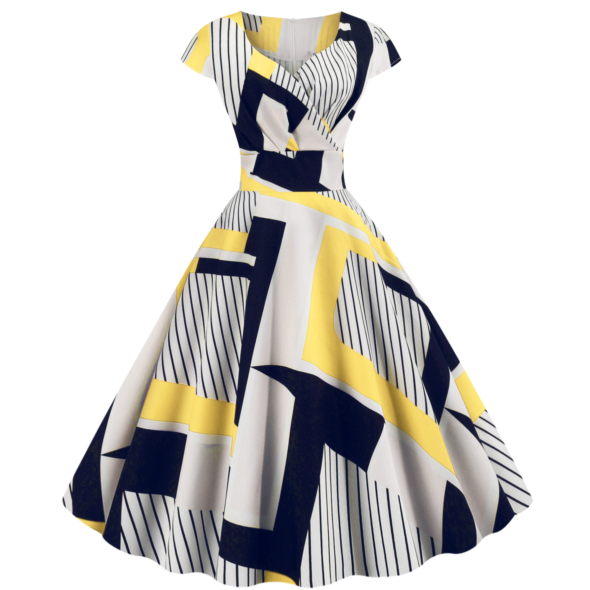 实拍 速卖通 亚马逊热卖赫本风印花收腰显瘦大摆连衣裙