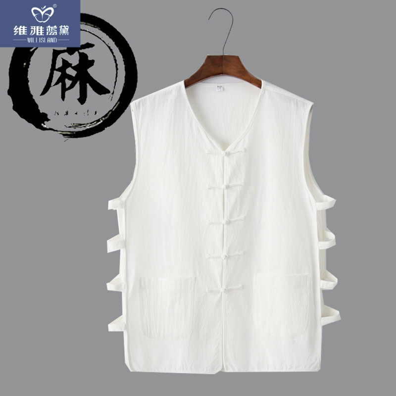 夏季亚麻中老年背心马甲无袖v领中式汗衫复古男潮中国风汉服tt恤