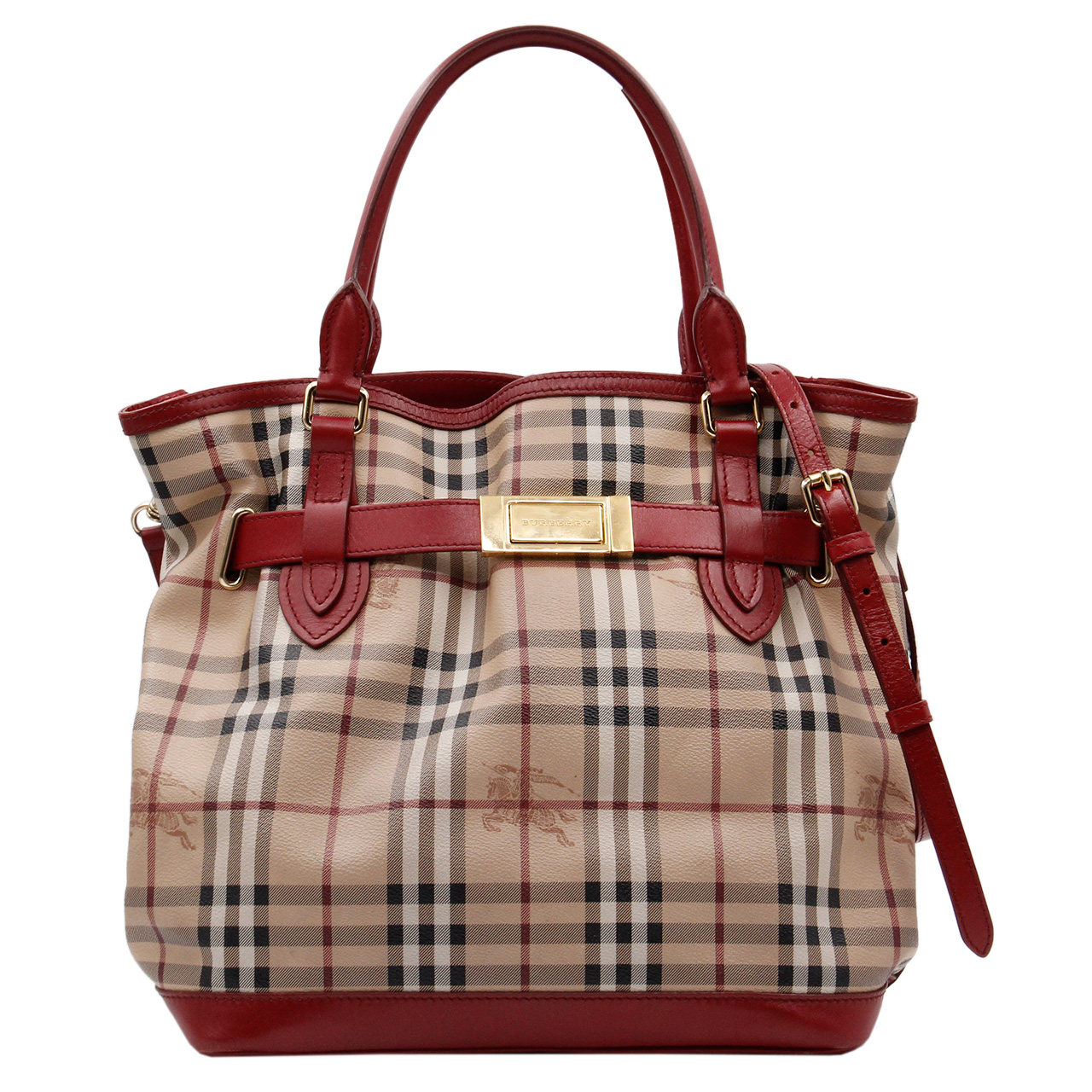 9.0新〕博柏利burberry红色牛皮拼帆布单肩手提包