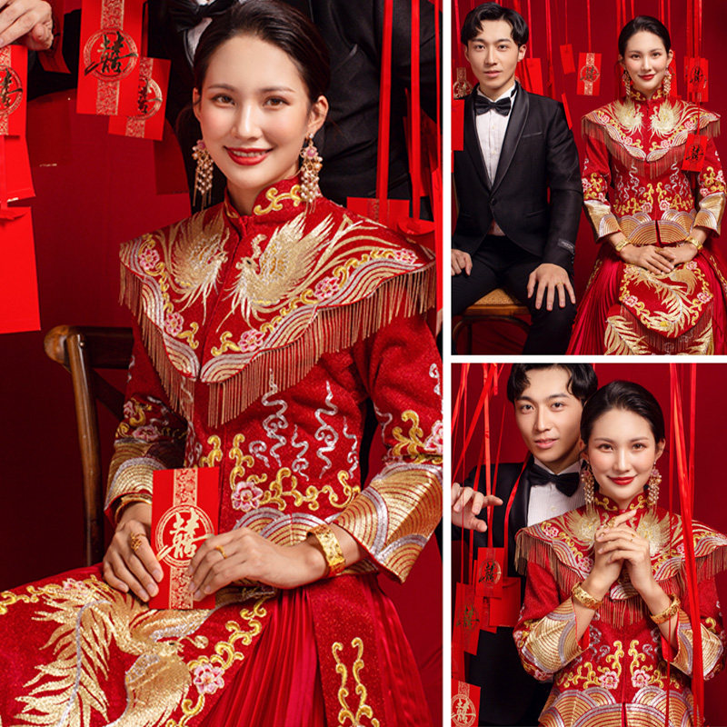 秀禾服女新娘2021年新款冬季高端中式婚礼结婚披肩龙凤褂情侣嫁衣