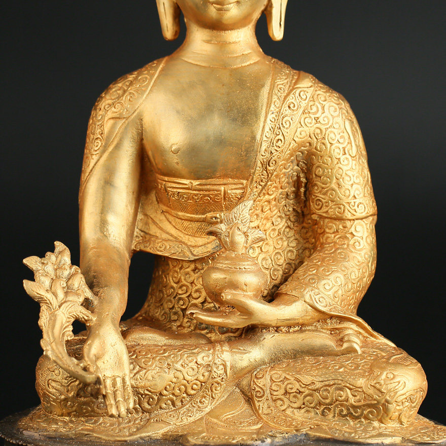 尼泊尔铜胎鎏金东方净琉璃世界教主药师如来正果佛 顶礼封藏加持